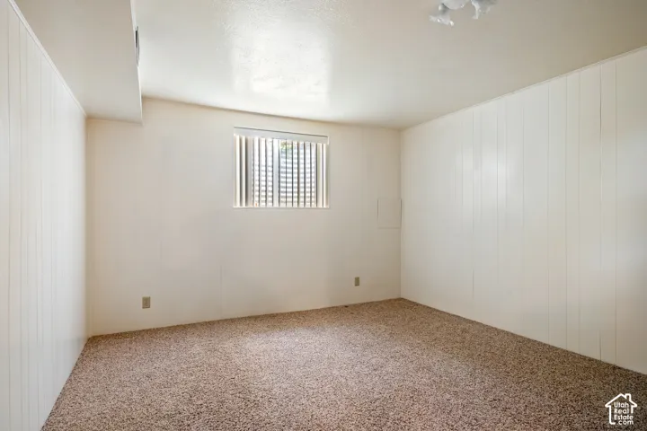 Neutral interior room featuring white paneled walls, neutral carpeting, and a central window with vertical blinds