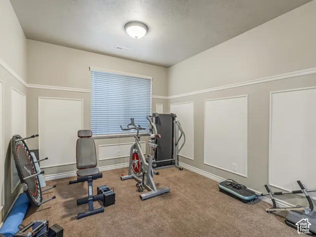 Interior room featuring neutral wall-to-wall carpeting, decorative picture frame wall molding, and a single window with horizontal blinds
