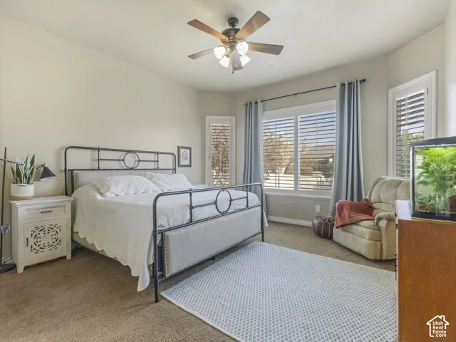 Neutral-toned room featuring wall-to-wall carpeting, multiple windows fitted with shutter-style blinds, and a multi-blade ceiling fan with integrated lighting