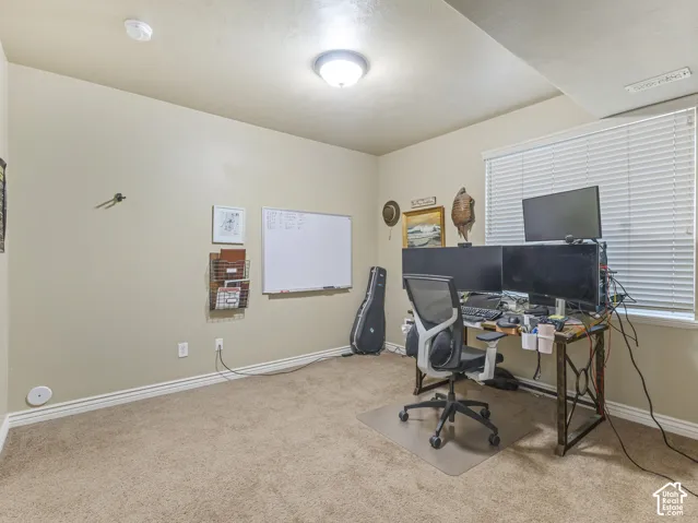 Neutral-toned room featuring high-pile carpeting, a single ceiling-mounted light fixture, and horizontal blind window coverings