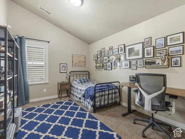 Vaulted ceiling with neutral wall paint, carpeted flooring, and a single-pane window featuring horizontal blinds