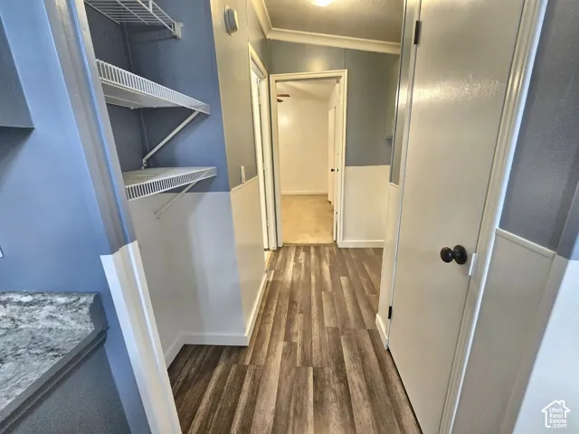 Wood-finish flooring, two-toned wall paint, white wire shelving units, and interior doors with matte black hardware