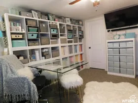 Built-in floor-to-ceiling white shelving units, secondary standalone white shelving, wall-mounted television, and a ceiling fan with integrated lighting