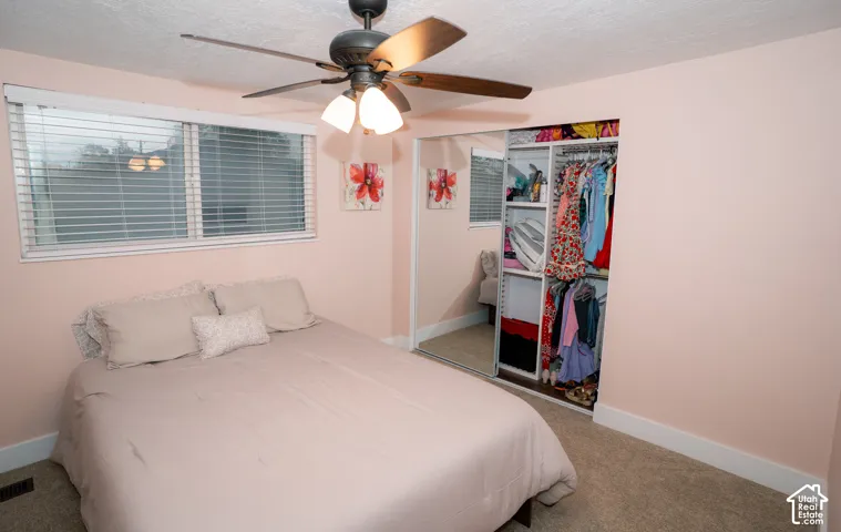 Wall-mounted ceiling fan with multi-light fixture, dual-panel window with horizontal blinds, and closet featuring integrated shelving and mirrored sliding doors