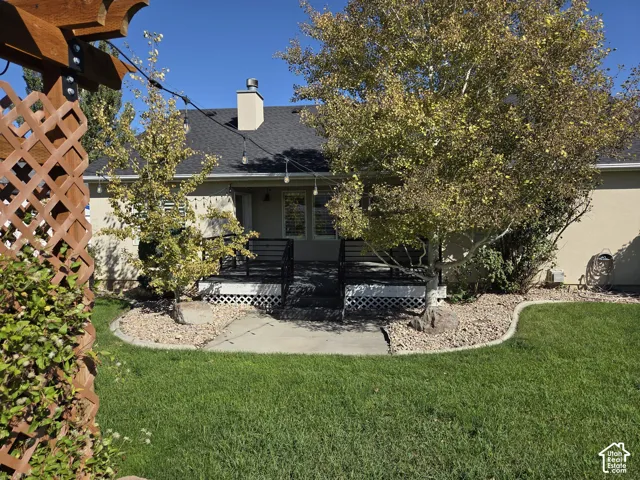 Rear exterior featuring a raised wooden deck with lattice skirting, concrete patio, mature trees, and a wooden pergola