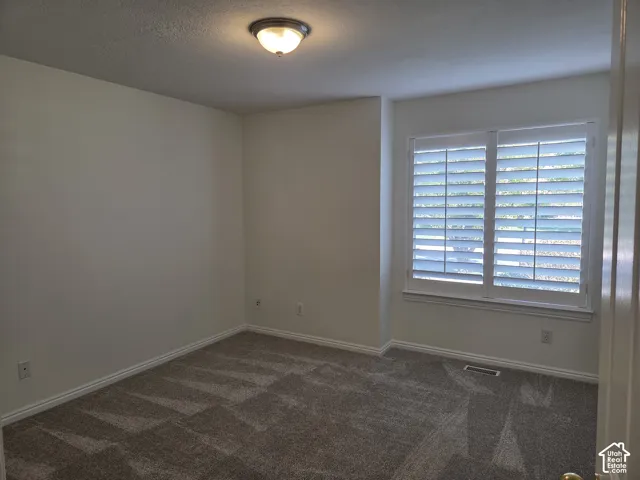 Neutral interior room featuring neutral carpeting, white walls, plantation shutters, and a flush-mount ceiling light fixture