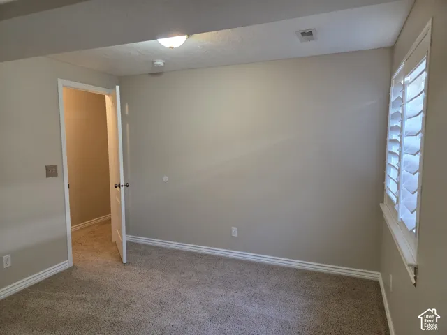 Neutral-toned room featuring neutral carpeting, interior plantation shutters, and a classic-style door