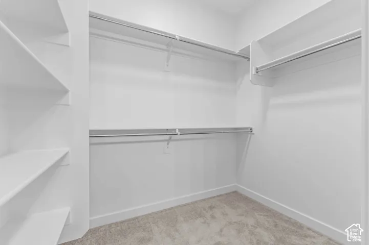 Walk-in closet featuring tiered shelving, built-in organizers, metal hanging rods, and carpeted flooring