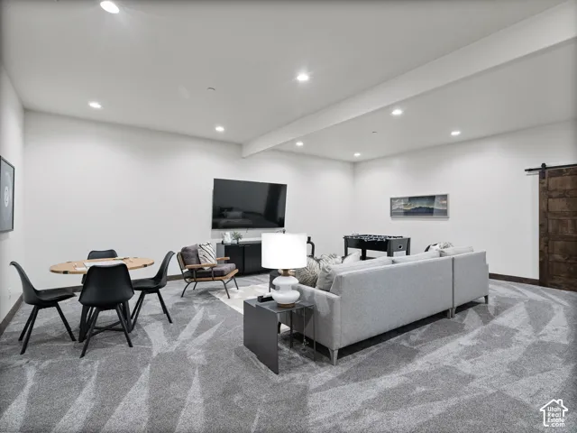 Recessed ceiling lighting, patterned wall-to-wall carpeting, and a dark-stained wood sliding barn door