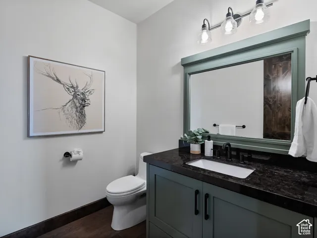 Custom-colored vanity featuring dark stone surfacing, integrated rectangular sink, three-light fixture with glass shades, and matching framed mirror