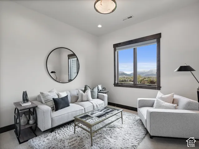 Room with neutral walls, dark wood window trim, flush-mount ceiling lighting, and mountain scenery