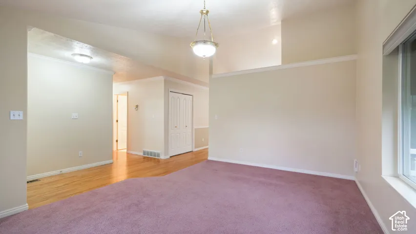 Vaulted ceilings featuring a central pendant light fixture, wood-finish flooring, and wall-to-wall carpeting