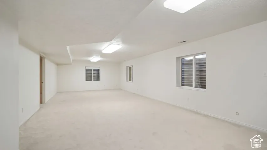 Spacious interior room featuring neutral wall-to-wall carpeting, white walls, multiple rectangular windows, and flush-mounted ceiling lighting