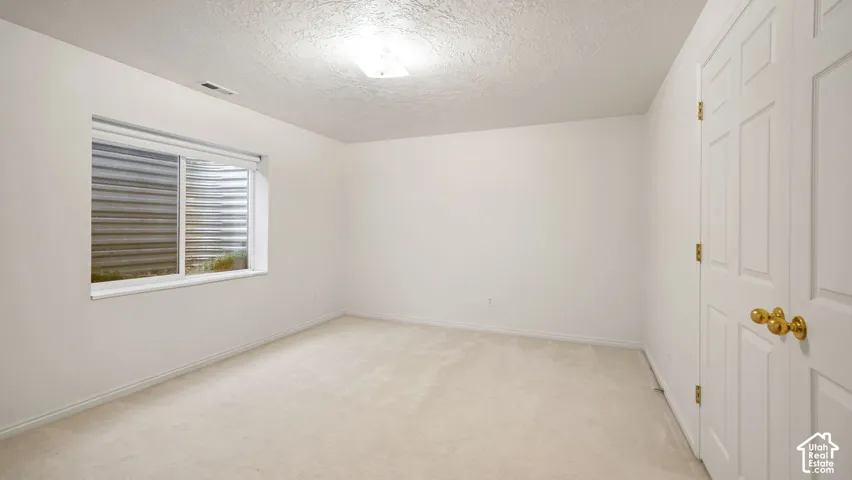 Neutral-toned carpeted flooring, white walls, double-door closet with brass-finish hardware, and a sliding window with a corrugated metal window well