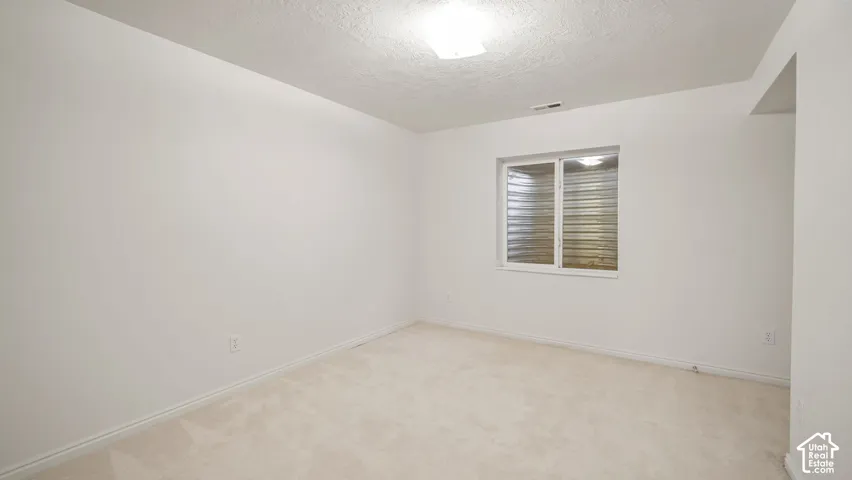 Neutral-toned carpeting, white walls, and a sliding egress window with a corrugated metal window well