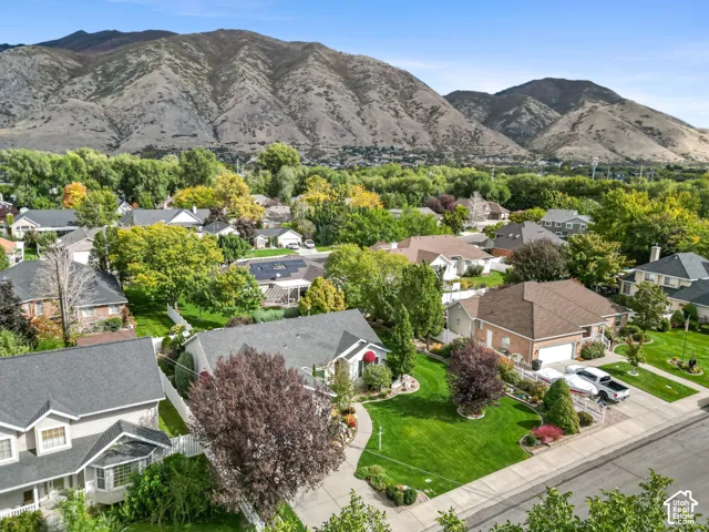 Aerial perspective of residential property featuring a manicured lawn, established deciduous trees, concrete walkways, and a prominent mountain backdrop