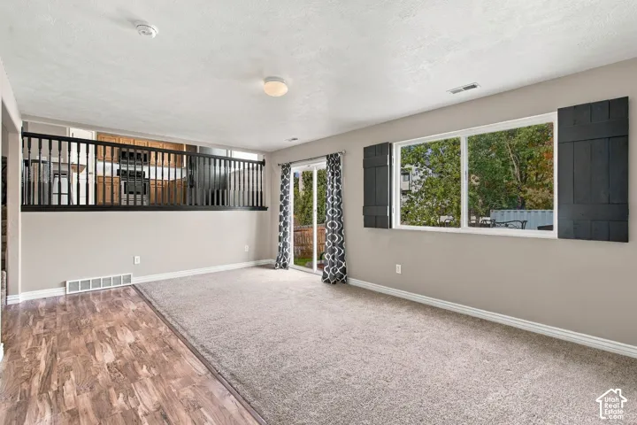 Living area featuring wood-finish flooring, wall-to-wall carpeting, black metal baluster railing, sliding glass door, and window with decorative black shutters