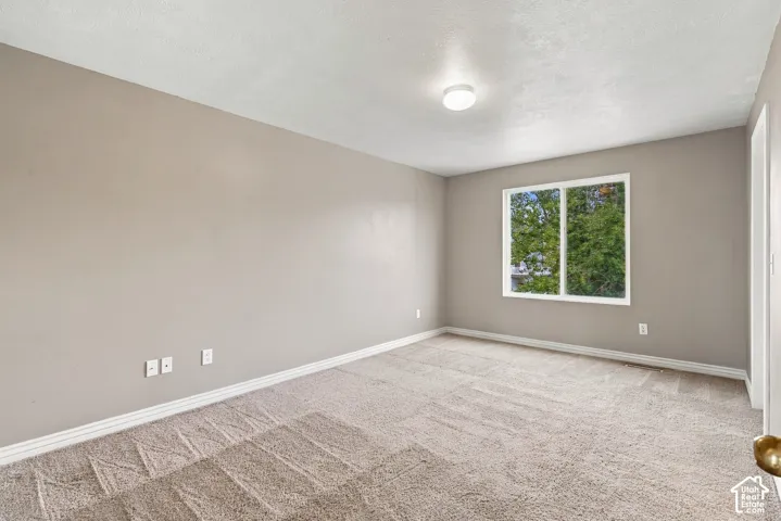Interior room featuring neutral-toned walls, wall-to-wall carpeting, and a large sliding window with exterior greenery