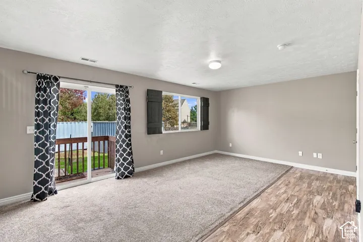 Interior space featuring carpeted flooring, wood-finish flooring, sliding glass door, and window with exterior shutters