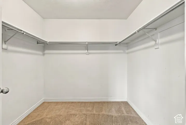 Walk-in storage space featuring neutral carpeting and wrap-around metal shelving with integrated clothing rods