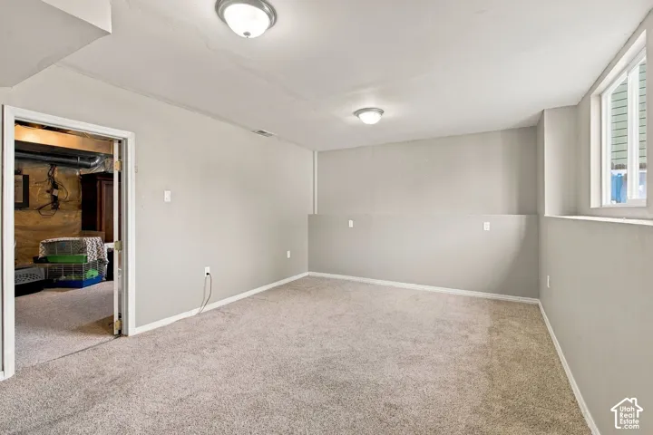 Neutral-toned interior room featuring wall-to-wall carpeting, dual flush-mount ceiling light fixtures, and a sliding window