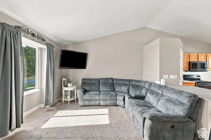 Vaulted ceilings, expansive picture window, and carpeted flooring