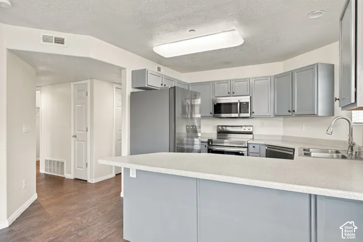 Kitchen featuring gray cabinetry, stainless steel appliances, solid-surface countertops, and wood-finish flooring