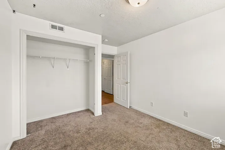 Neutral interior featuring wall-to-wall carpeting, a built-in wire closet system, six-panel interior doors, and a ceiling-mounted light fixture