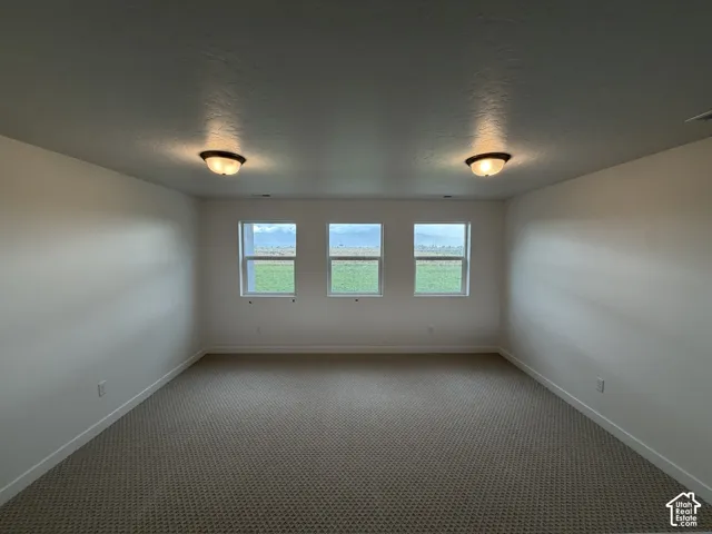 Interior room featuring wall-to-wall carpeting, three windows with rural landscape exposure, and dual flush-mount ceiling light fixtures