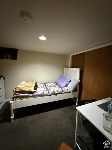 Recessed lighting, wall-to-wall carpeting, and sliding closet doors with wooden panels