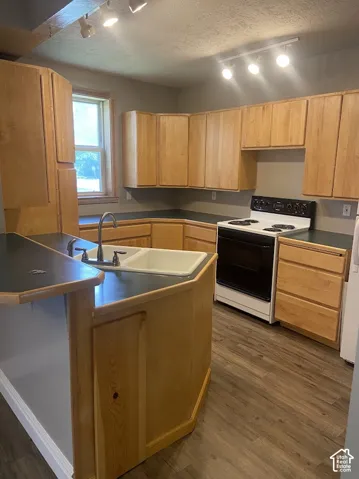Kitchen featuring light wood-finish cabinetry, dark solid-surface countertops, wood-finish flooring, a white double-basin sink, and track lighting