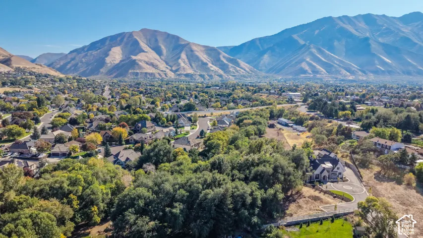 Expansive residential area with a prominent mountain backdrop, featuring a large property with a circular driveway and mature trees