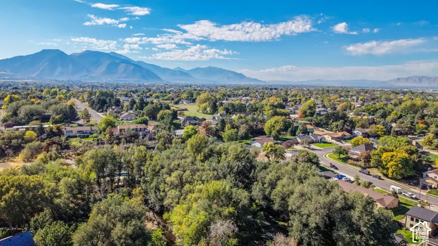 Expansive neighborhood with mature trees, established residential properties, and distant mountain backdrops