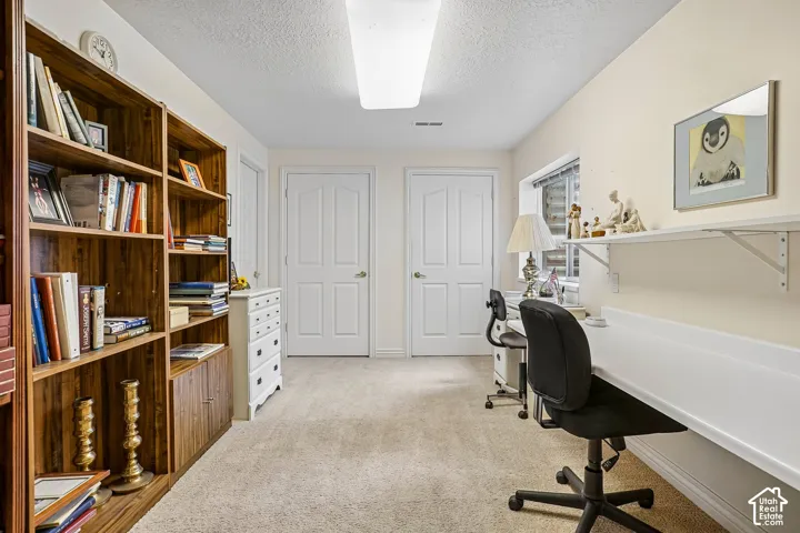 Built-in floor-to-ceiling wood shelving, wall-mounted desk surface, two interior solid-core doors, carpeted flooring, and flush-mount rectangular ceiling lighting