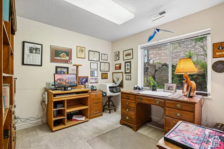 Room featuring neutral walls, wall-to-wall carpeting, flush-mount lighting, and a window with a rockery garden exterior