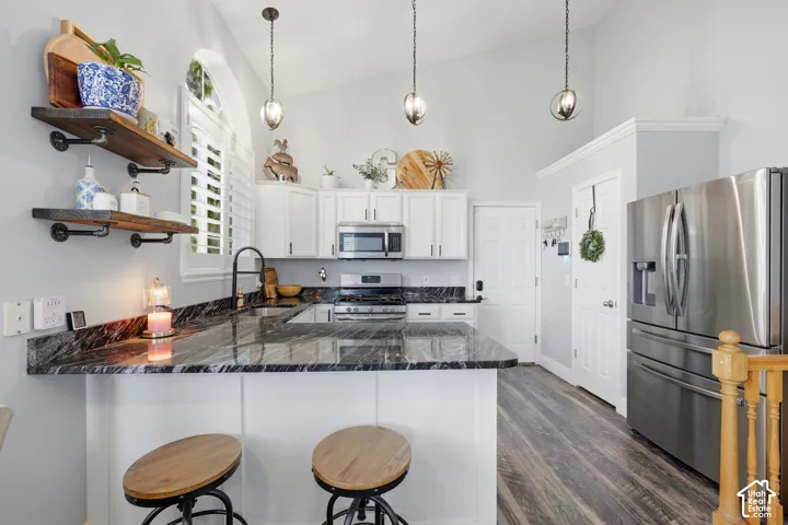 Kitchen featuring white cabinetry, polished dark stone countertops, stainless steel appliances, wood-finish flooring, and industrial-style pendant lighting