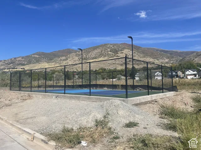 Private sport court featuring a multi-tone blue and green surface, black chain-link fencing, overhead light poles, and a concrete perimeter base set against a mountain backdrop