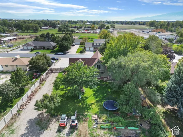 Aerial perspective featuring an expansive lot with mature trees, a manicured lawn, dedicated garden beds, and a long gravel driveway