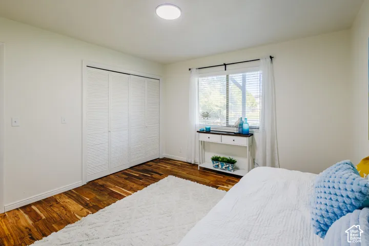 Room featuring wood-finish flooring, white louvered closet doors, and a single-pane window with a horizontal blind