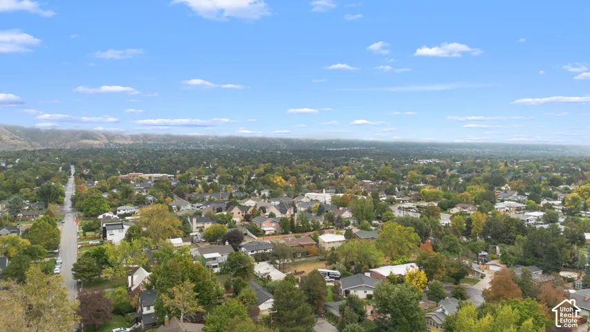Aerial perspective featuring a landscape of residential structures, established deciduous trees, paved street networks, and a distant mountain range