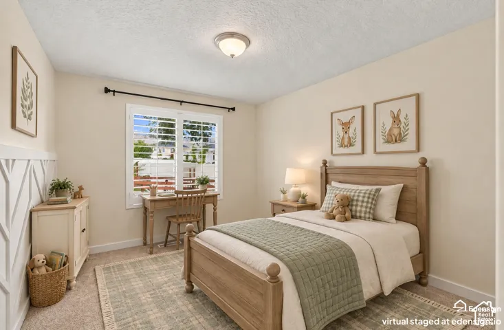 Neutral wall palette featuring decorative wainscoting, carpeted flooring, window with plantation shutters, and flush-mount ceiling lighting