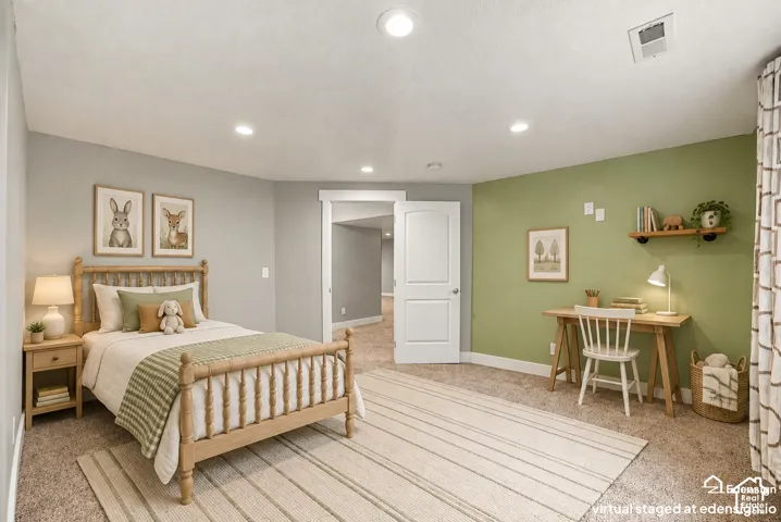 Interior space featuring recessed lighting, plush wall-to-wall carpeting, and a built-in wall shelf