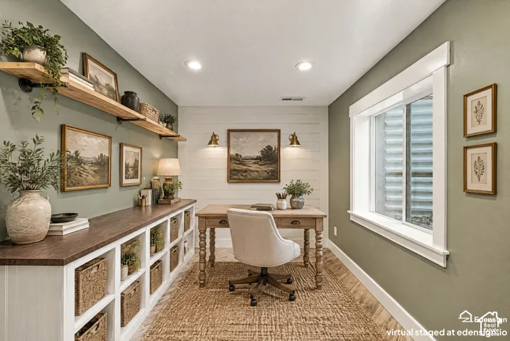 Custom built-in lower cabinetry with a wood countertop, open shelving, shiplap accent wall, recessed lighting, and wall-mounted sconces