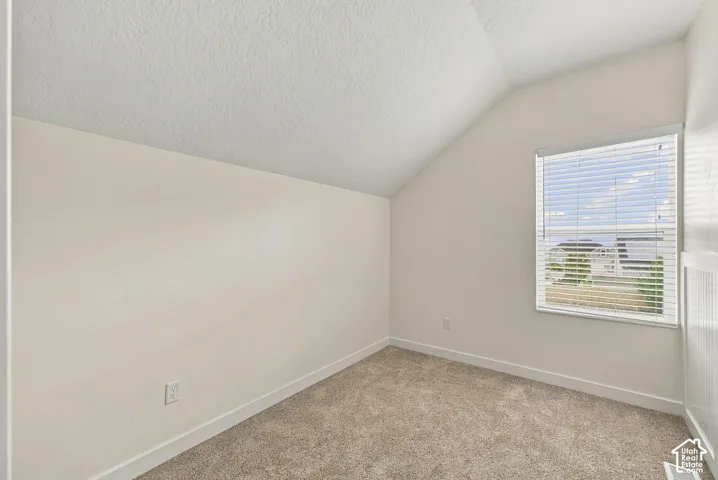Interior room featuring neutral-toned carpeting, vaulted ceilings, and a single window with horizontal blinds