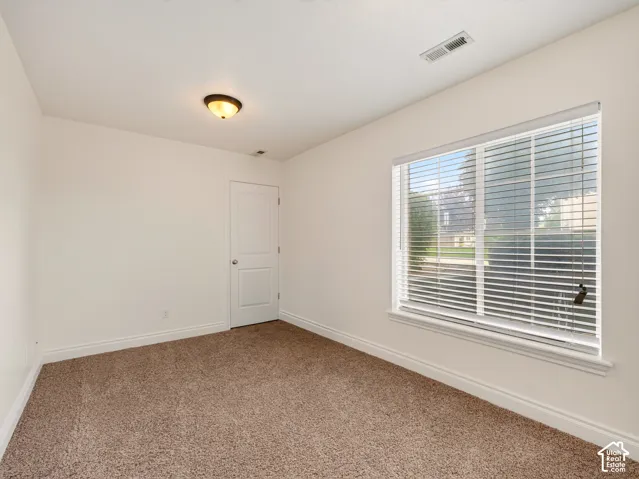 Neutral-toned carpeting, large window with integrated blinds, and a single-panel interior door