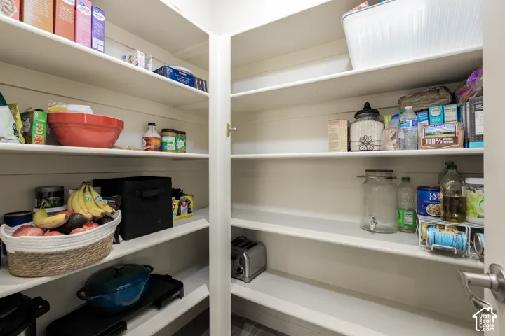 Walk-in pantry featuring white horizontal shiplap wall paneling and multi-tiered built-in shelving
