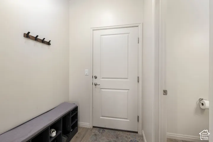Entryway featuring a solid-core panel door, wood-finish flooring, and a wall-mounted multi-hook rack