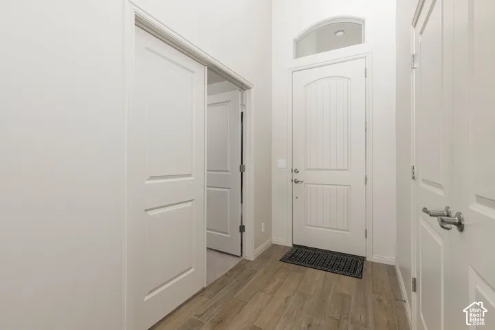 Entryway featuring high ceilings, wood-finish flooring, an arched transom window, and multi-panel doors with satin nickel hardware