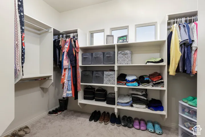 Walk-in closet featuring white built-in shelving, triple upper windows for natural light, and carpeted flooring