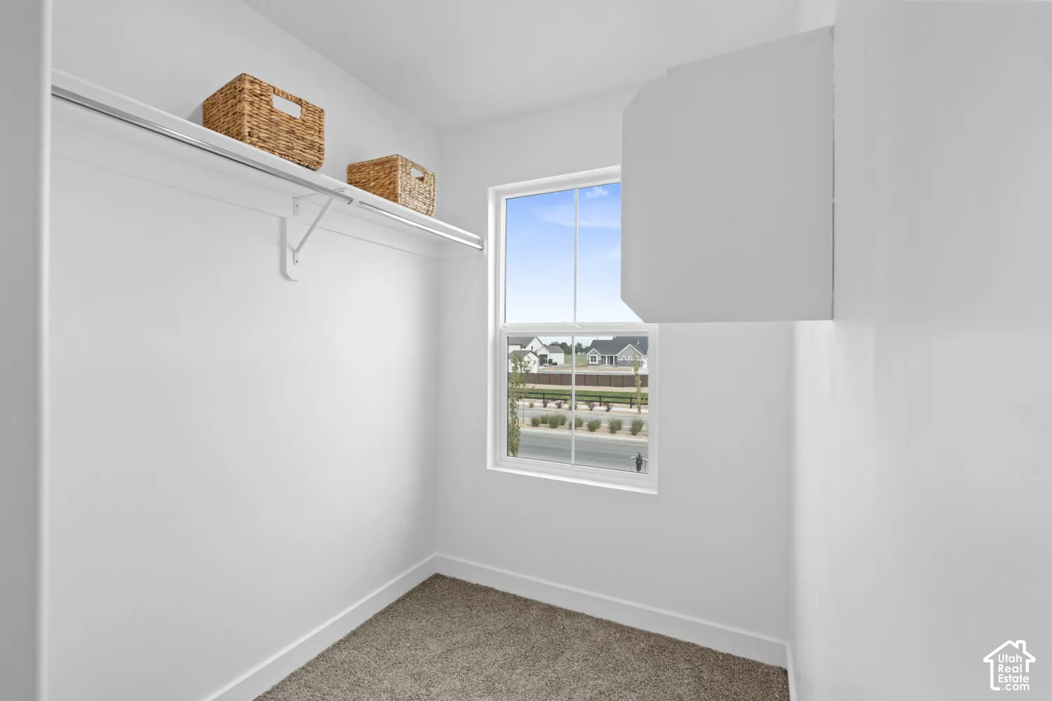 Walk-in storage space featuring neutral carpeting, a single-tier wire shelving system, and a single-pane window